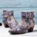 Socofy Women Retro Floral Printing Leather Square Toe Chunky Heels Ankle Booties